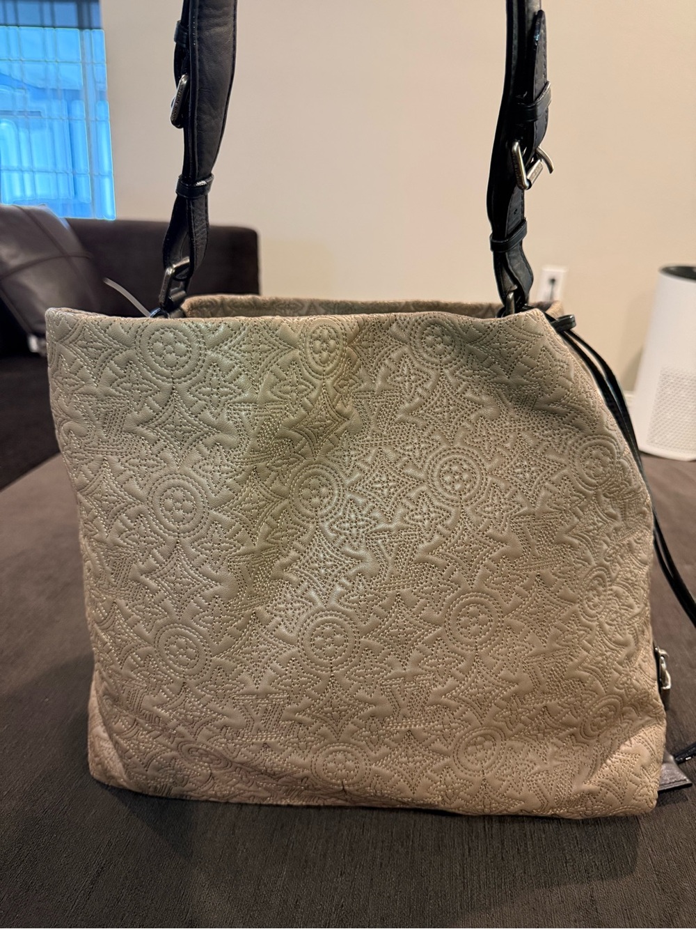 Louis Vuitton Beige Embossed Shoulder Bag with Black Straps